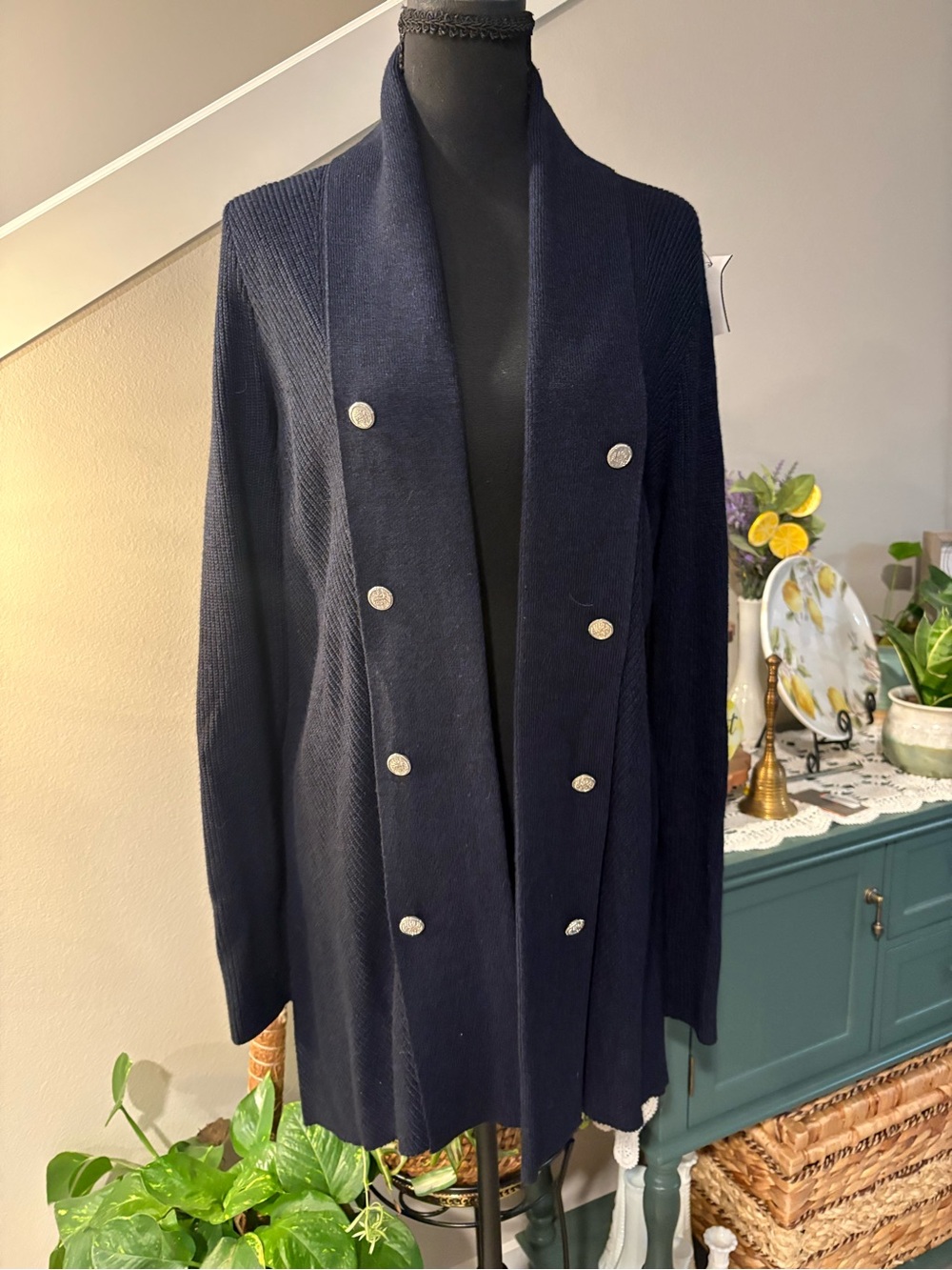 White House Black Market Navy Double-Breasted Knit Cardigan